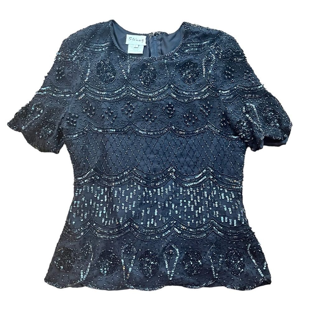 Vintage 100% Silk and Heavily Beaded Black Top Women's Size Large
